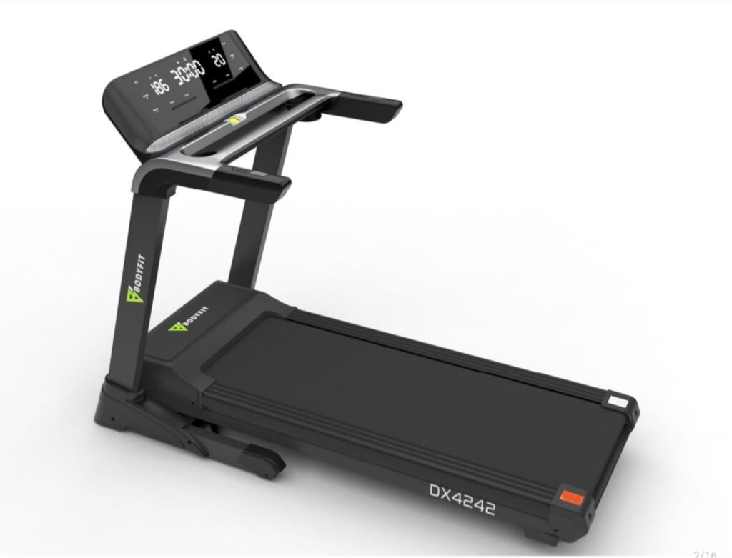 Black treadmill with LED console display and sturdy frame, labeled model DX4242, from Bodyfit.