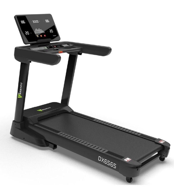 Modern treadmill with digital display and control panel, labelled model DX6566, on a white background.