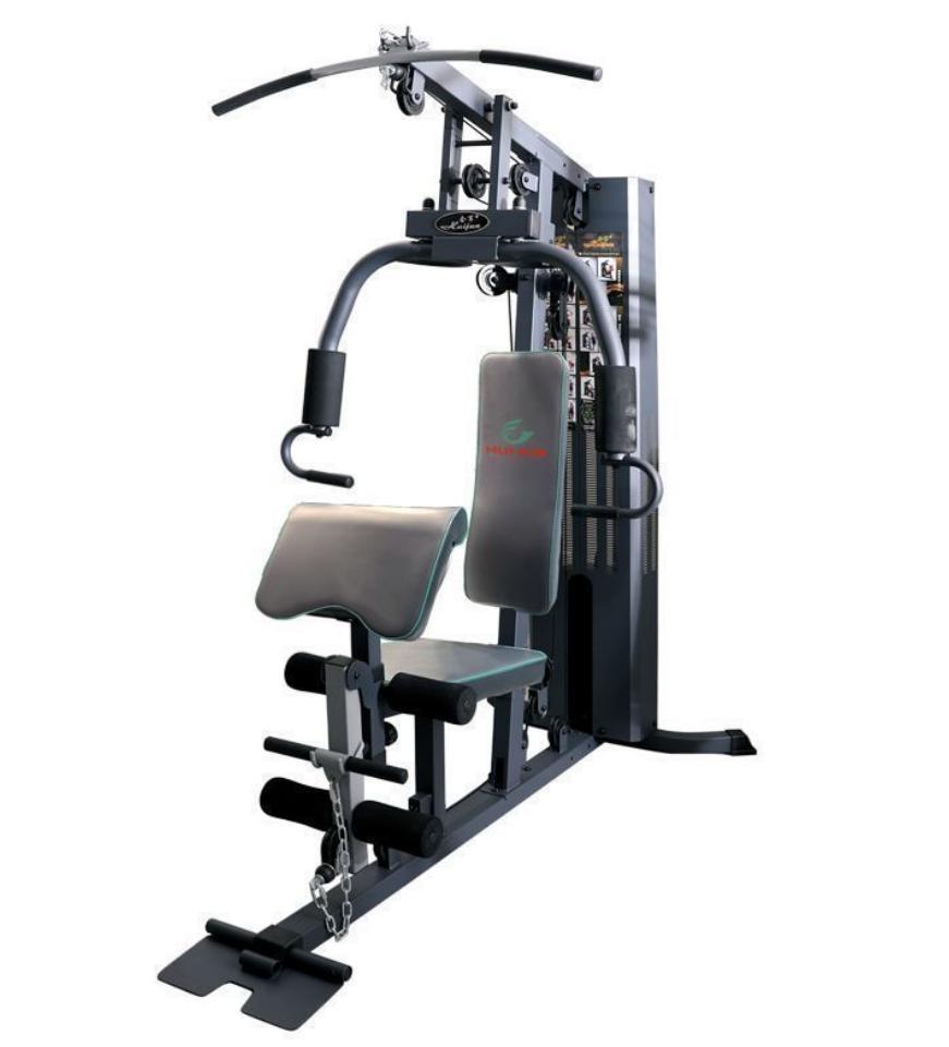 Multi-station home gym workout machine with padded seat, backrest, and various attachments for strength training exercises