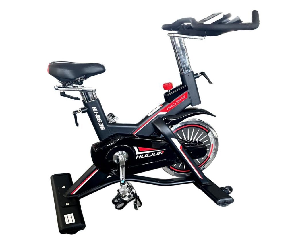 Indoor stationary exercise bike with adjustable seat and handlebars, labeled HUIJUN PRO BIKE HJ-B636