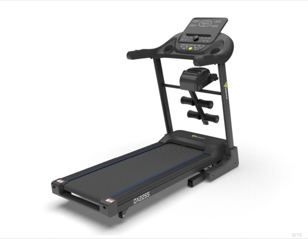 Treadmill with mounted weights, digital dashboard, and wide running surface, labeled model DX2255 FROM BODYFIT.