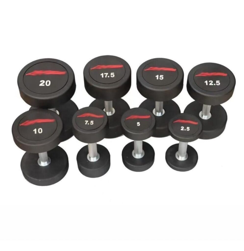 Set of rubber-coated dumbbells arranged by weight from 2.5kg to 20kg on a rack.