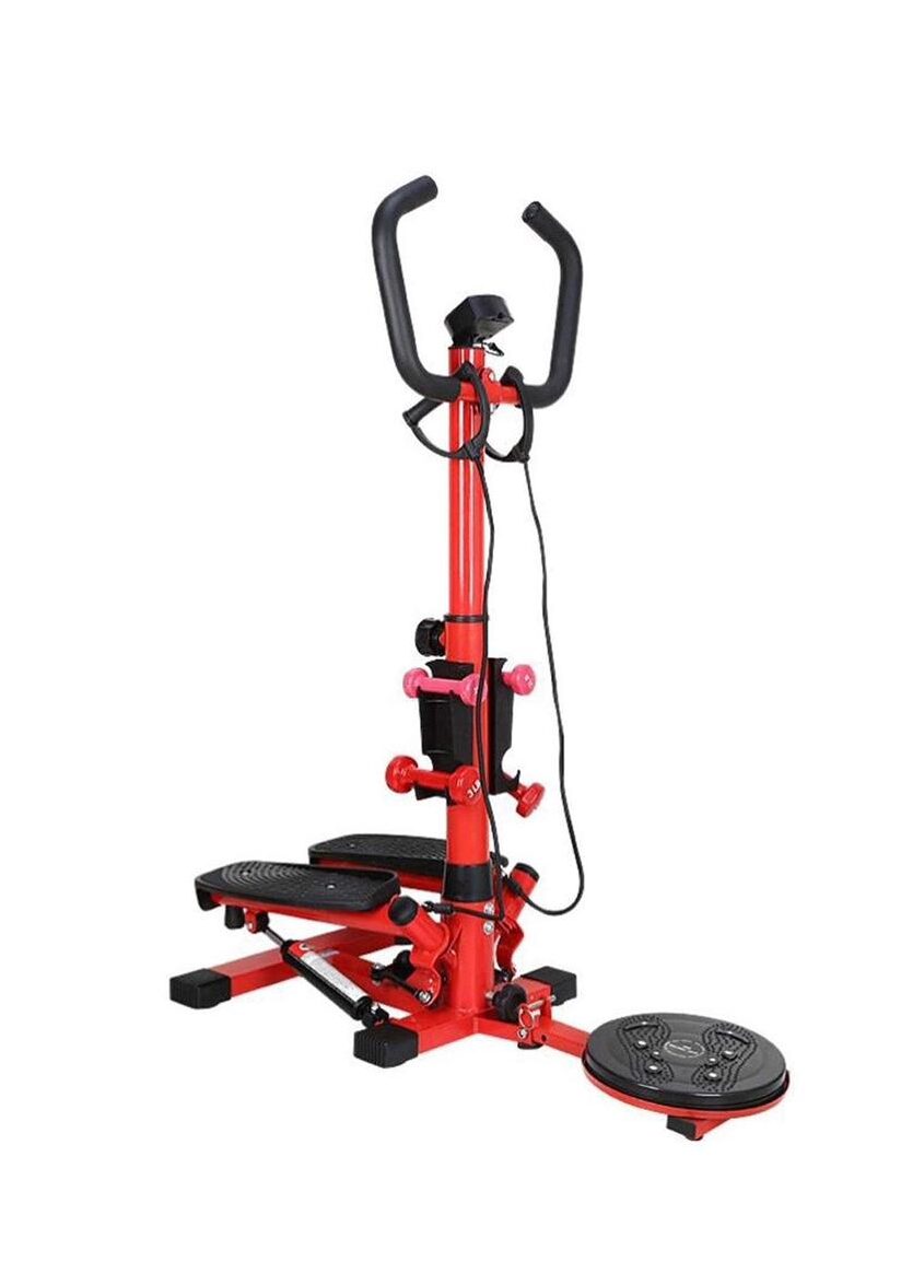 Red and black stepper exercise machine with resistance bands and rotary discs for home workouts